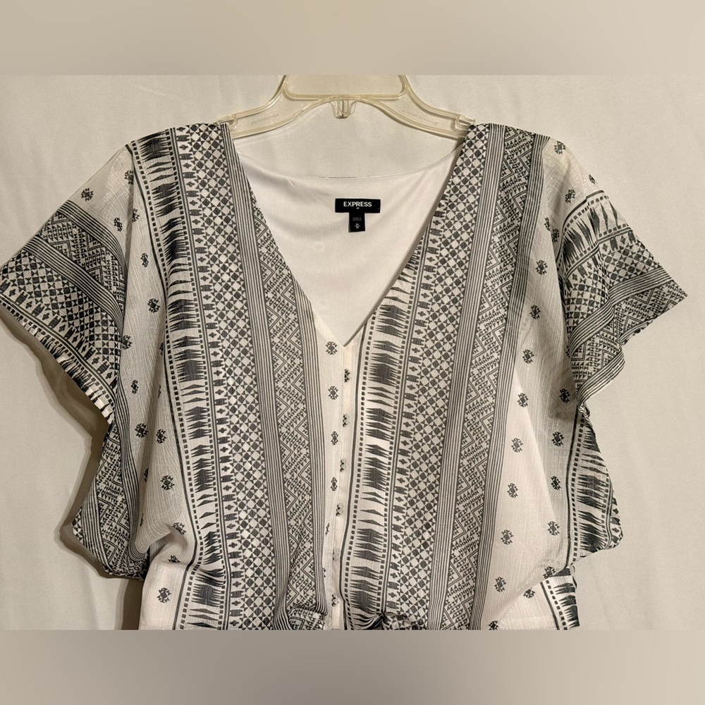 Express White Geometric Patterned Tie-Front Blous… - image 3